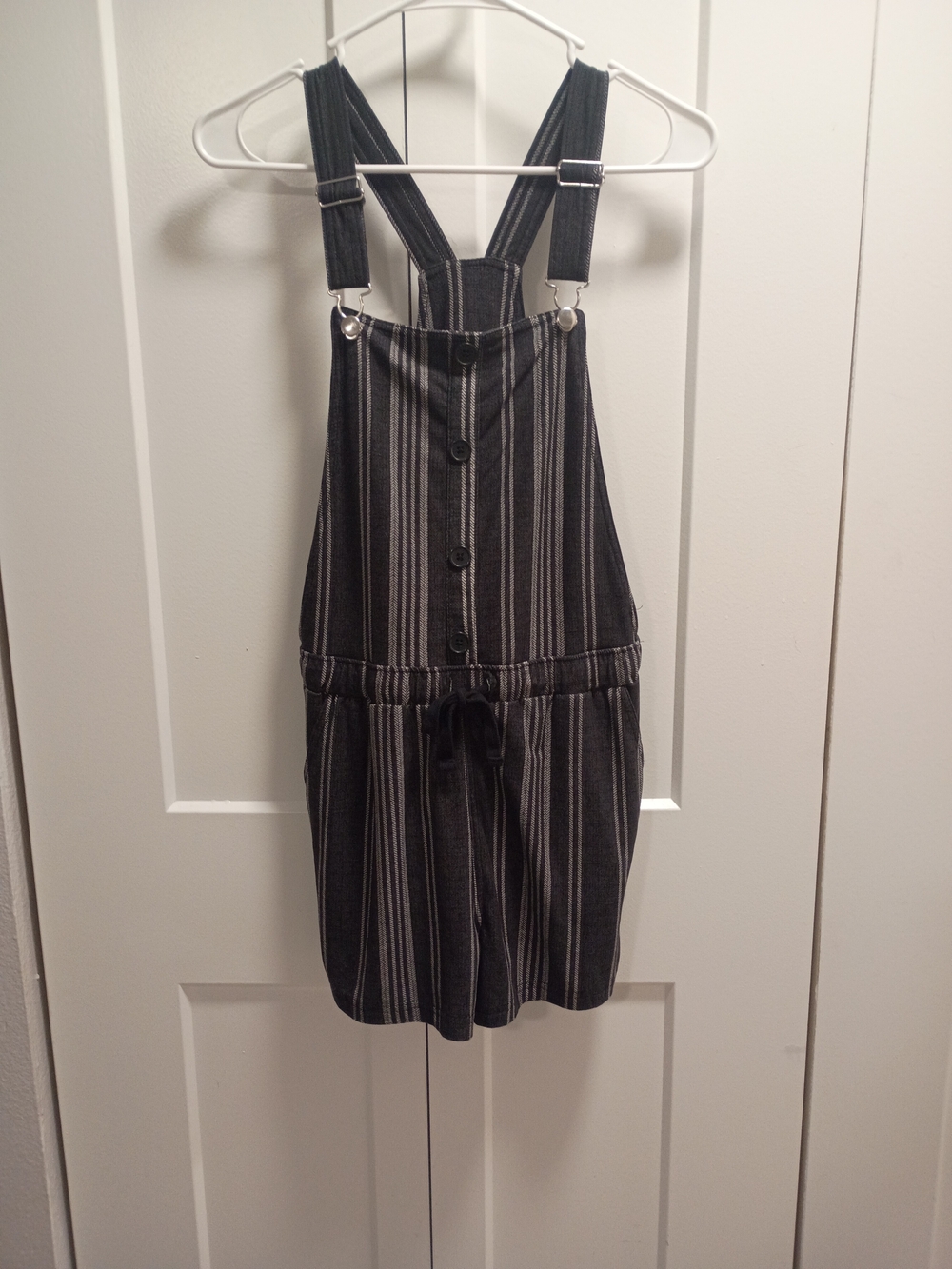 No Boundaries Black and Gray Striped Sleeveless Overall Romper